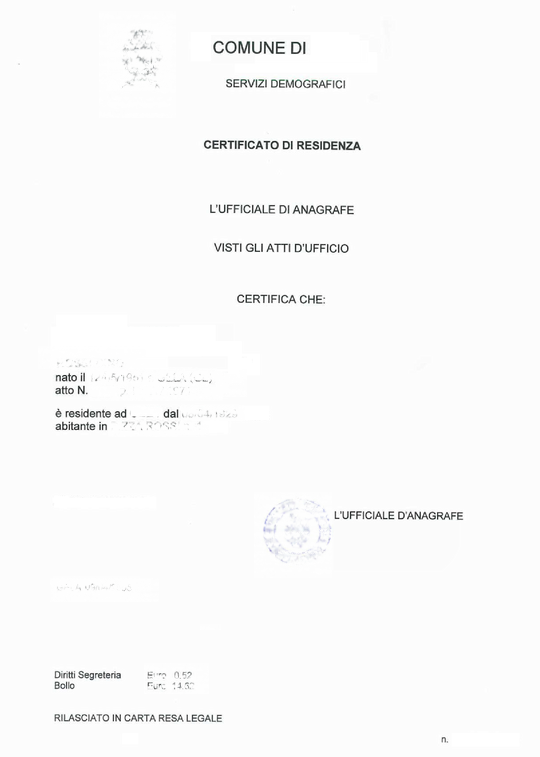 immagine esempio certificato residenza