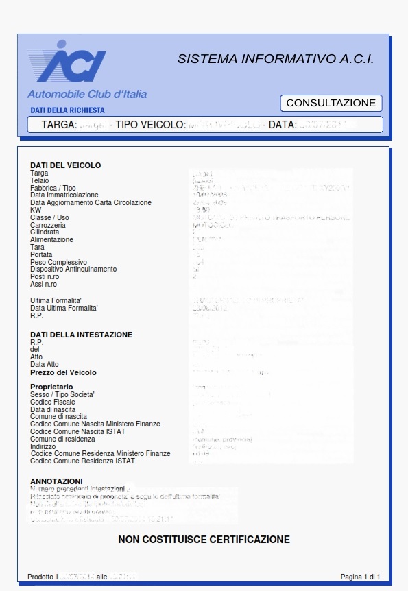 immagine esempio visura targa veicolo pra